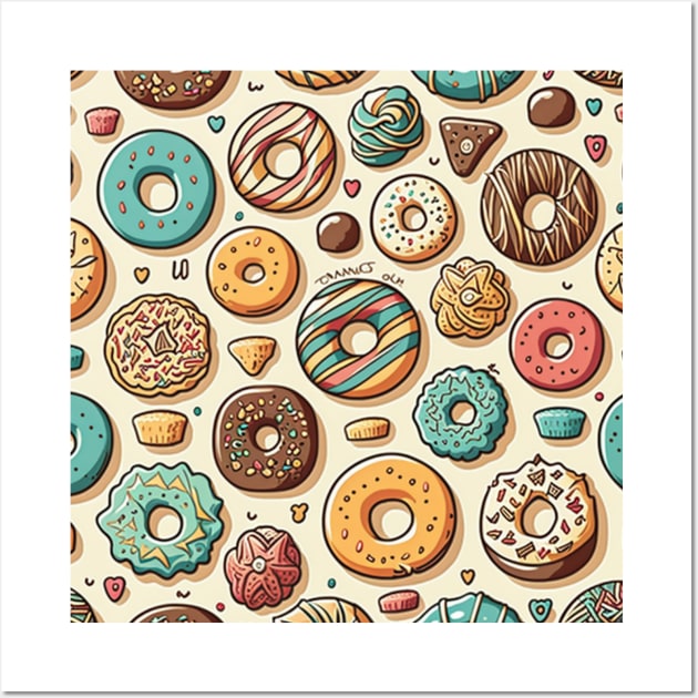 Donuts Pattern Line Drawing Colorful, Birthday Gift ideas for Donuts Lover Wall Art by Pezzolano